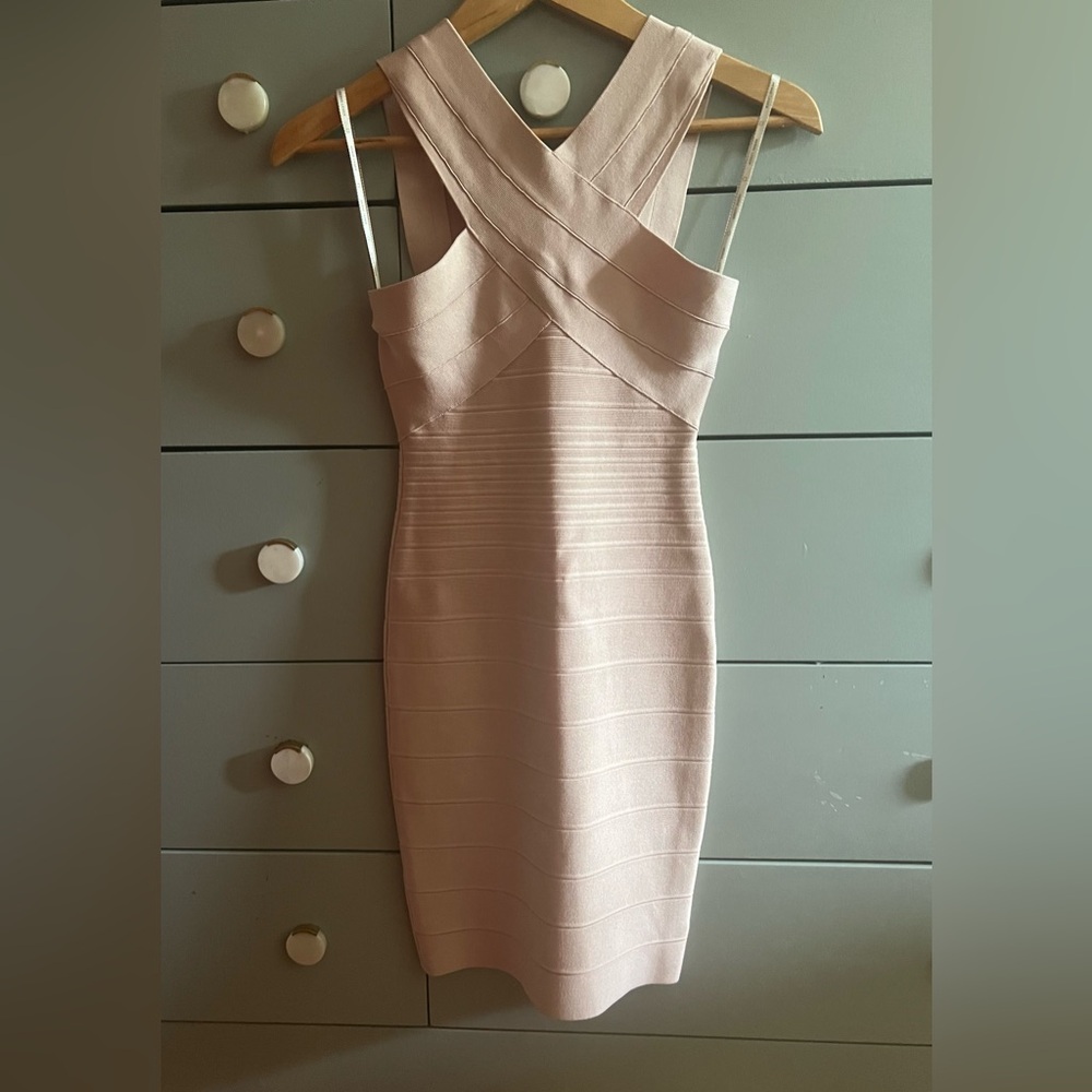Herve Leger blush halter midi bodycon bandage dress
